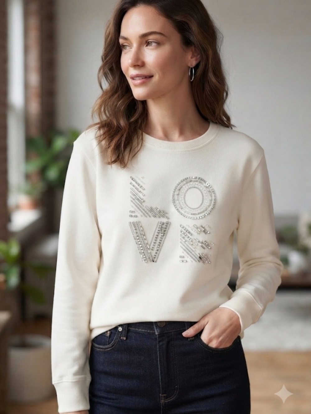 JANE+ DELANCEY NWT   Embellished Cream Crewneck Sweatshirt with 'LOVE' SKU040